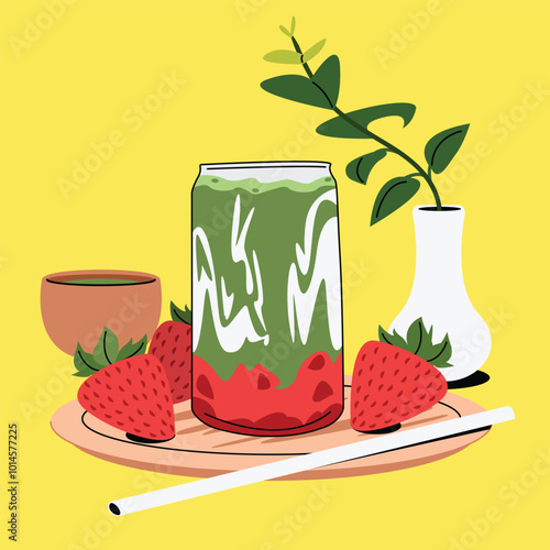 Strawberry matcha latte Japanese summery drink - beverage vector illustration