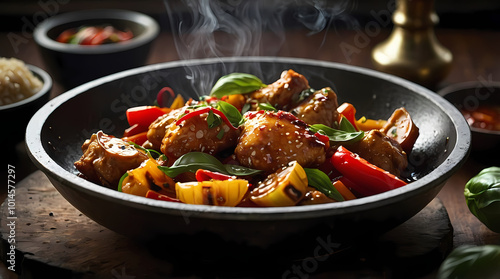 Close-up Shot Of Sizzling San Pei Chicken With Fresh Vegetables In Traditional Sauce