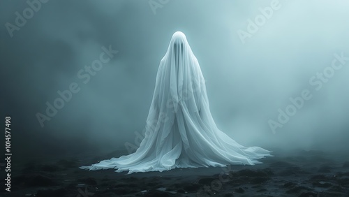 A ghostly figure draped in white fabric stands in a foggy, eerie landscape, creating a haunting and mysterious atmosphere