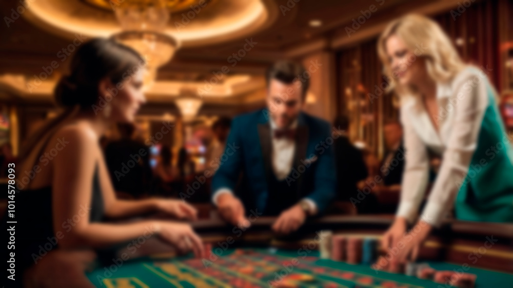 Fototapeta premium Blurred casino table with players, chips, and vibrant lighting, perfect for background use in gambling-related content or atmosphere creation