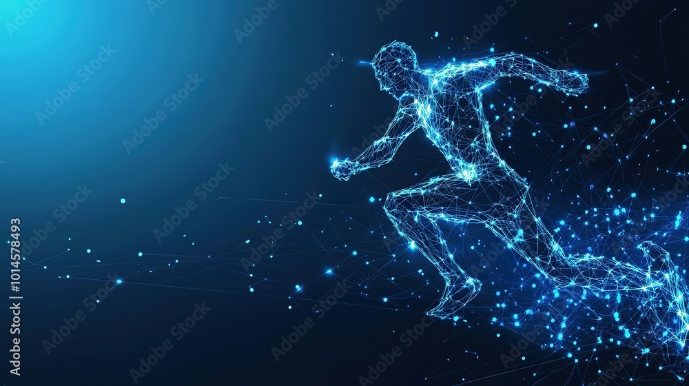 Abstract running man form lines and triangles, point network connecting on blue science background. Illustration, Generative Ai Abstract running man form lines and triangles, point network connecting on blue science background. Illustration, Generative Ai