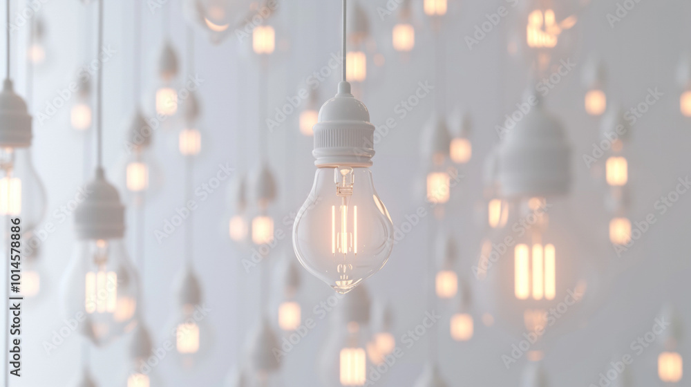 A bunch of light bulbs hanging from the ceiling, one of which is lit up A bunch of light bulbs hanging from the ceiling, one of which is lit up