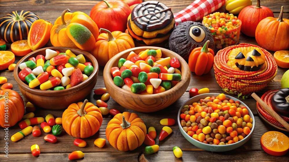 A Rustic Tabletop Display of Halloween Treats Featuring Candy Corn, Pumpkins, and Other Festive Delights A Rustic Tabletop Display of Halloween Treats Featuring Candy Corn, Pumpkins, and Other Festive Delights