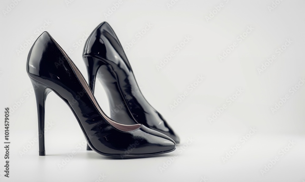 Pair of black high-heeled shoes, white background, 4K hyperrealistic photo Pair of black high-heeled shoes, white background, 4K hyperrealistic photo