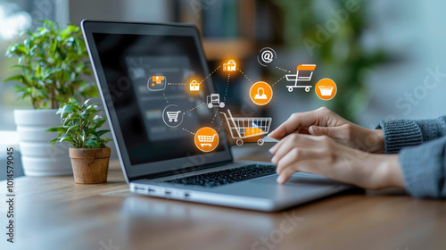 A modern scene of a person holding a potted plant in front of a laptop with glowing icons of online shopping, security, and digital payments, symbolizing a secure and efficient transaction. photo