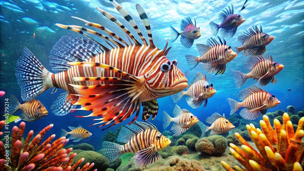 Colorful Lionfish Interacting with School of Fish Colorful Lionfish Interacting with School of Fish