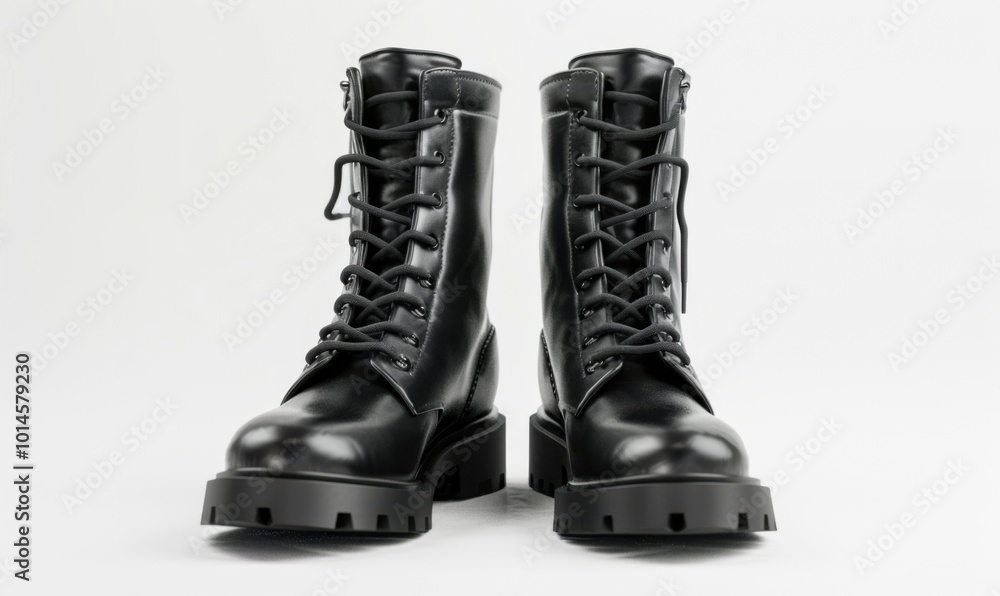 Pair of stylish black boots, white background, 4K hyperrealistic photo Pair of stylish black boots, white background, 4K hyperrealistic photo