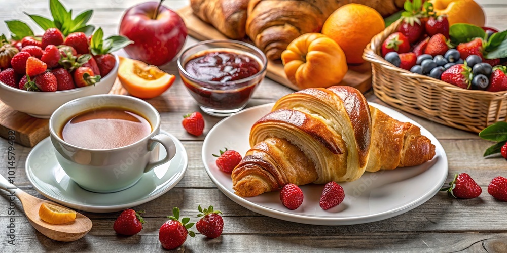 A Rustic Tabletop Still Life Featuring a Freshly Baked Croissant with a Cup of Tea, Fruit, and Jam A Rustic Tabletop Still Life Featuring a Freshly Baked Croissant with a Cup of Tea, Fruit, and Jam