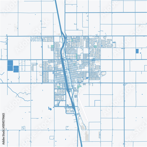 Map of Delano in California in a professional blue style. Contains layered vector with roads water, parks, etc.