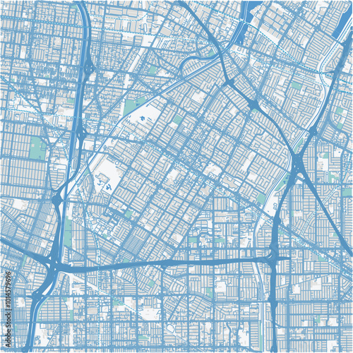 Map of Downey in California in a professional blue style. Contains layered vector with roads water, parks, etc.