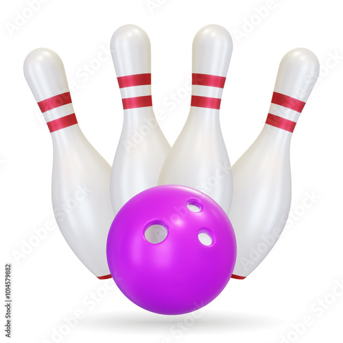 Realistic bawling ball with pins. Vector illustration. Bowling ball strike hit falling pin skittles