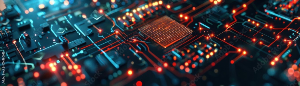 Close-up view of a circuit board with glowing components, intricate details. Close-up view of a circuit board with glowing components, intricate details.