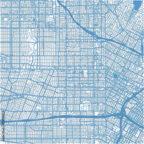 Map of Koreatown in California in a professional blue style. Contains layered vector with roads water, parks, etc.