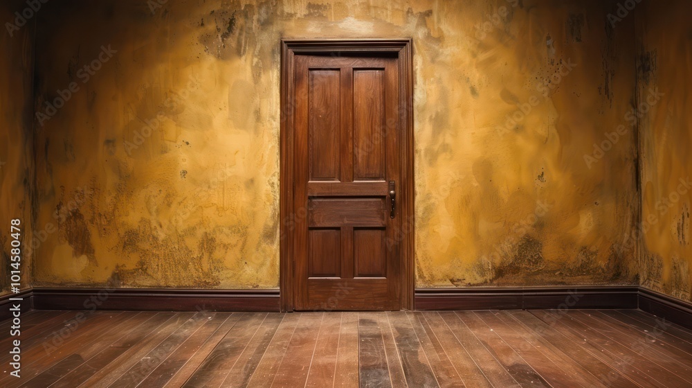 A wooden door stands alone in a textured, yellow-walled room with wooden flooring, evoking curiosity and mystery. A wooden door stands alone in a textured, yellow-walled room with wooden flooring, evoking curiosity and mystery.