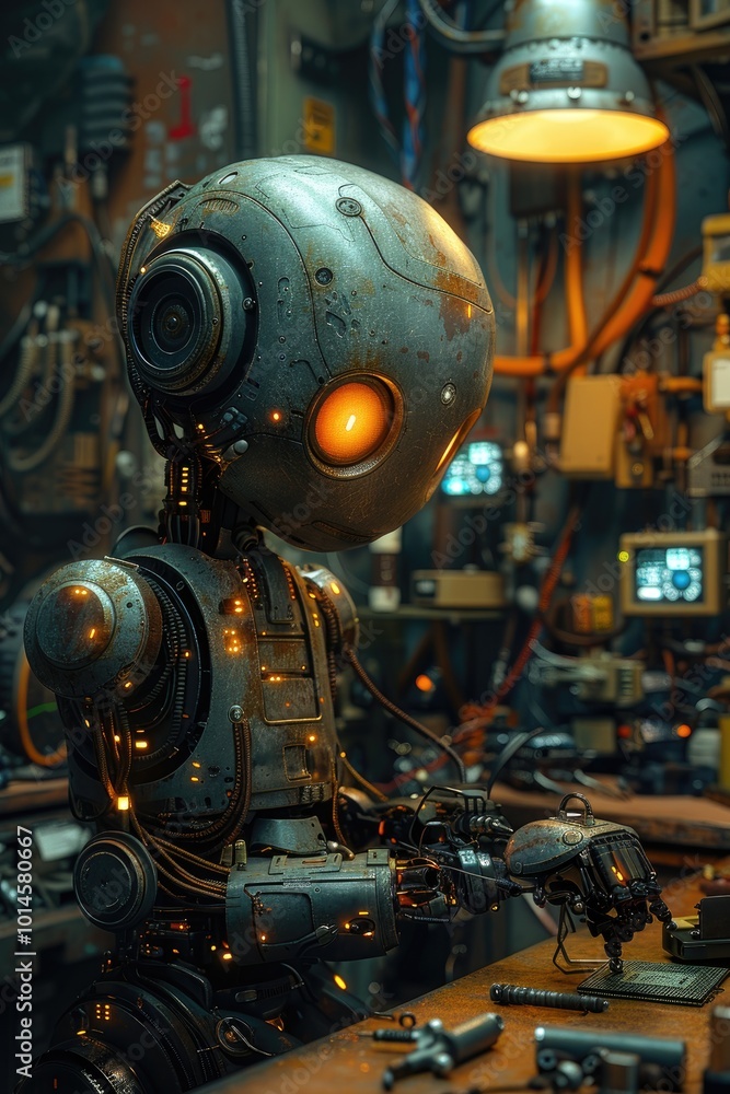 Rusty Robot Working in Workshop Rusty Robot Working in Workshop