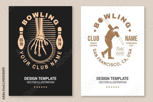 Bowling sports club poster. Vintage design with athlete, bowling pins and skeleton hand with bowling ball silhouette. Vector.