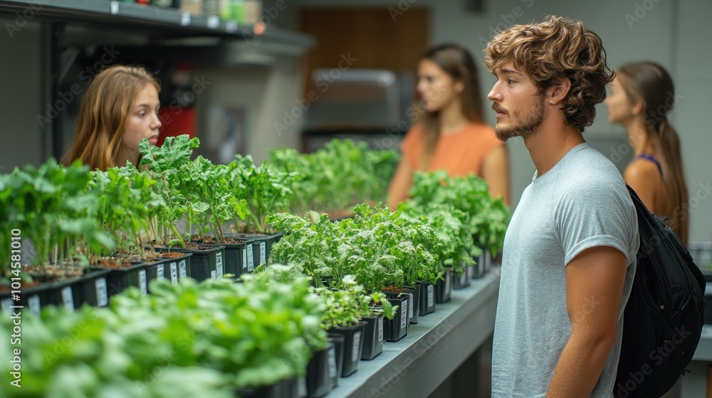 Four students examine rows of small green plants growing in pots in a science lab. Four students examine rows of small green plants growing in pots in a science lab.