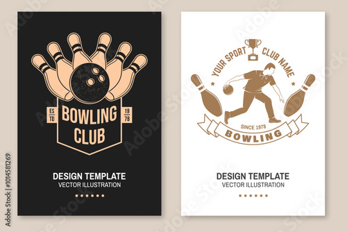 Bowling sports club poster. Vintage design with bowling pins, ball, athlete bowling shoot pins silhouette. Vector.