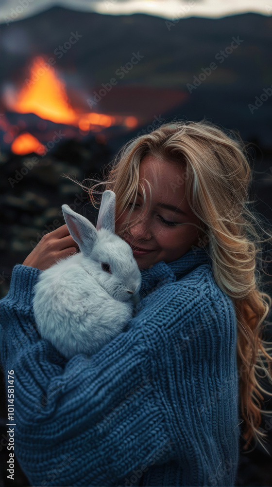 young woman with blonde hair wearing blue sweater hugging white rabbit, on fire volcano young woman with blonde hair wearing blue sweater hugging white rabbit, on fire volcano