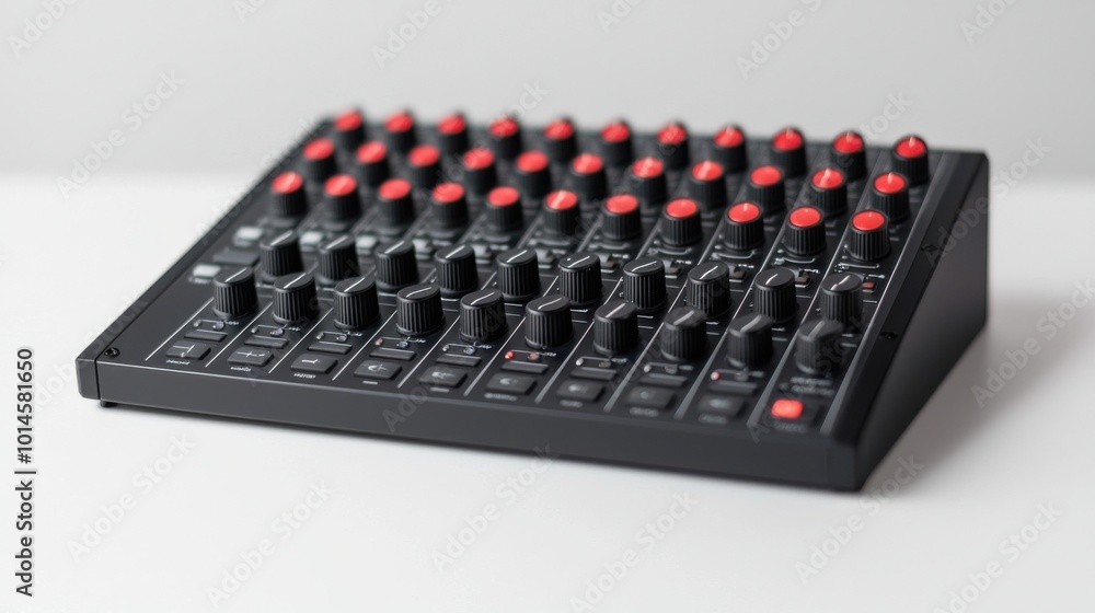 High-quality audio mixer with multiple channels and red knobs on a white background. High-quality audio mixer with multiple channels and red knobs on a white background.