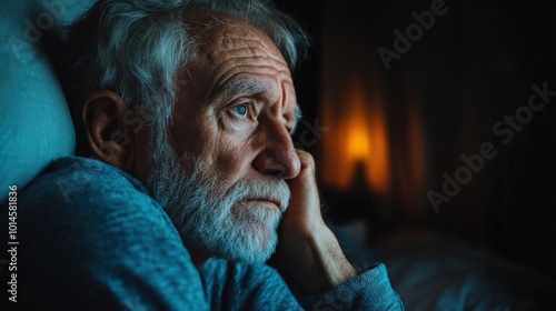 Senior Man Thinking - Closeup of Contemplative Adult in Bedroom Setting photo