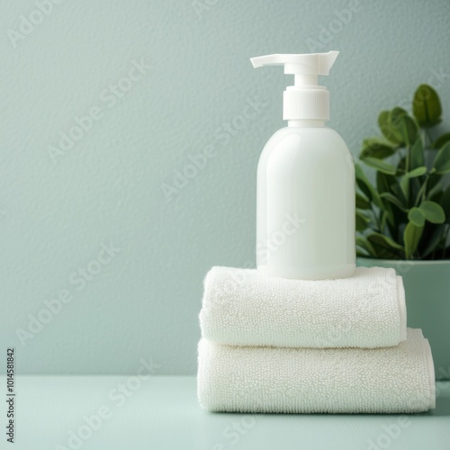 Minimalist bathroom setup with lotion bottle and soft towels.