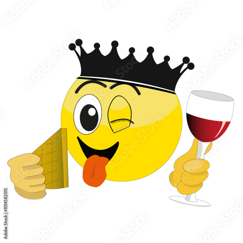 Expression de visage sur émoticône d'un homme souriant avec couronne sur la tête, faisant un clin d'œil et tirant la langue avec dans la main un verre de vin	et une part de galette