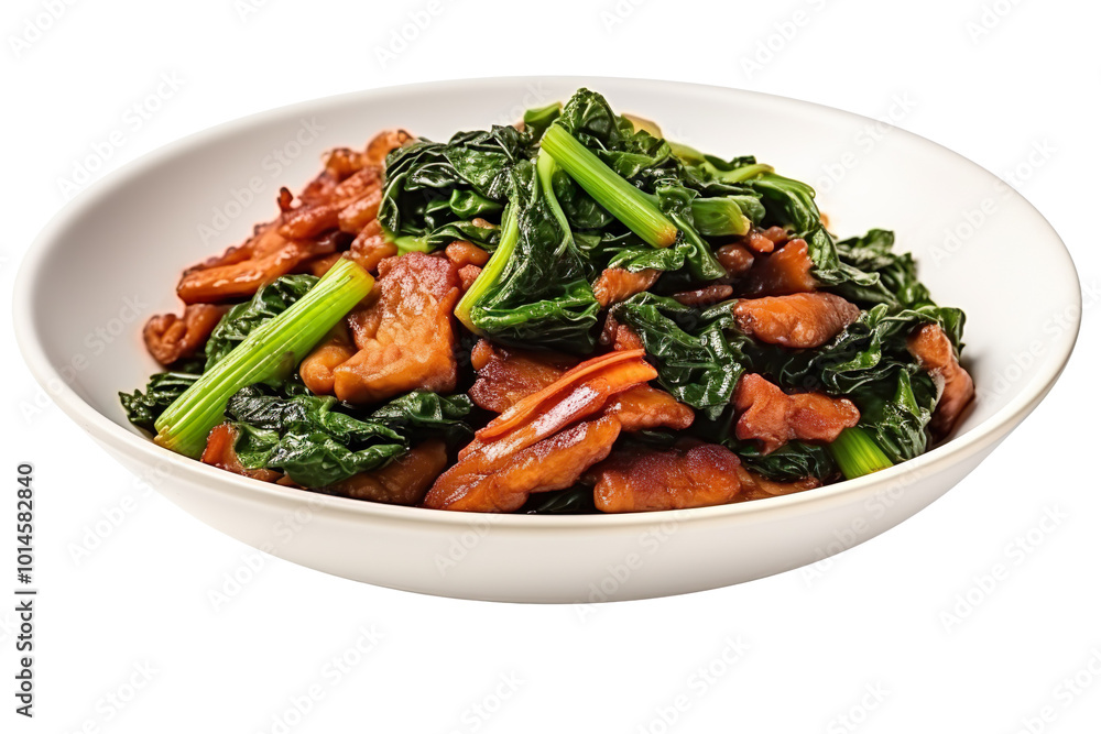 Thai food fried kale with crispy pork isolated on transparent background Thai food fried kale with crispy pork isolated on transparent background