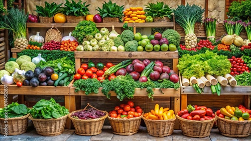 A vibrant display of fresh produce, showcasing the bounty of nature arranged in wooden crates and woven baskets, offering a tempting array of colors, textures, and flavors.