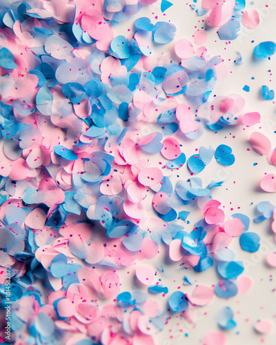 Scattered pink and blue confetti with small glitter on white background