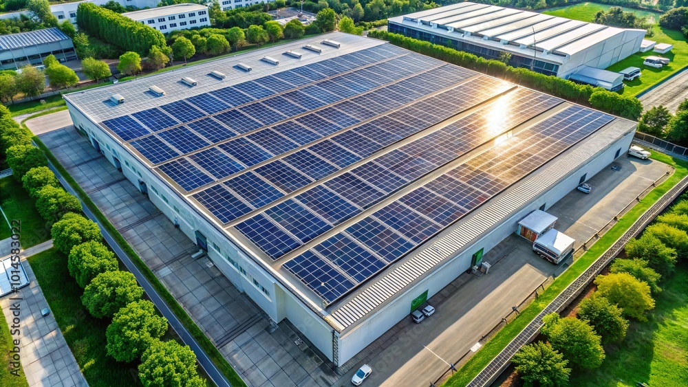 Aerial View of a Large Building with Solar Panels on Its Roof, Surrounded by Green Trees and a Parking Lot Aerial View of a Large Building with Solar Panels on Its Roof, Surrounded by Green Trees and a Parking Lot
