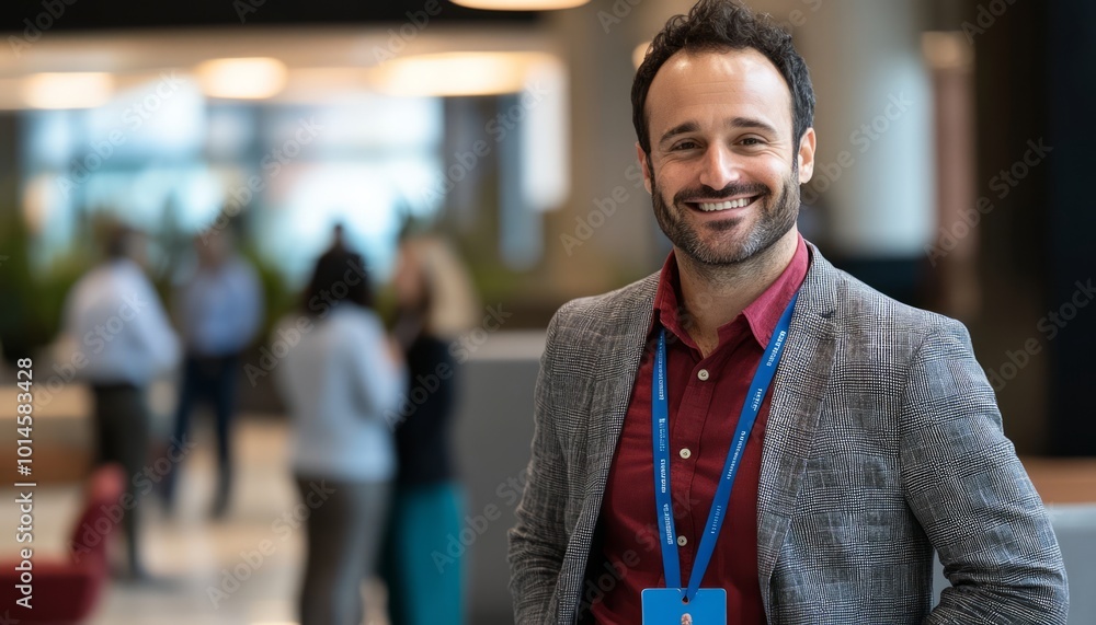 Confident man in a suit smiling at a professional event. Confident man in a suit smiling at a professional event.