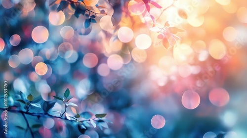 Blurred Bokeh Lights with Branch and Leaves in a Dreamy Setting