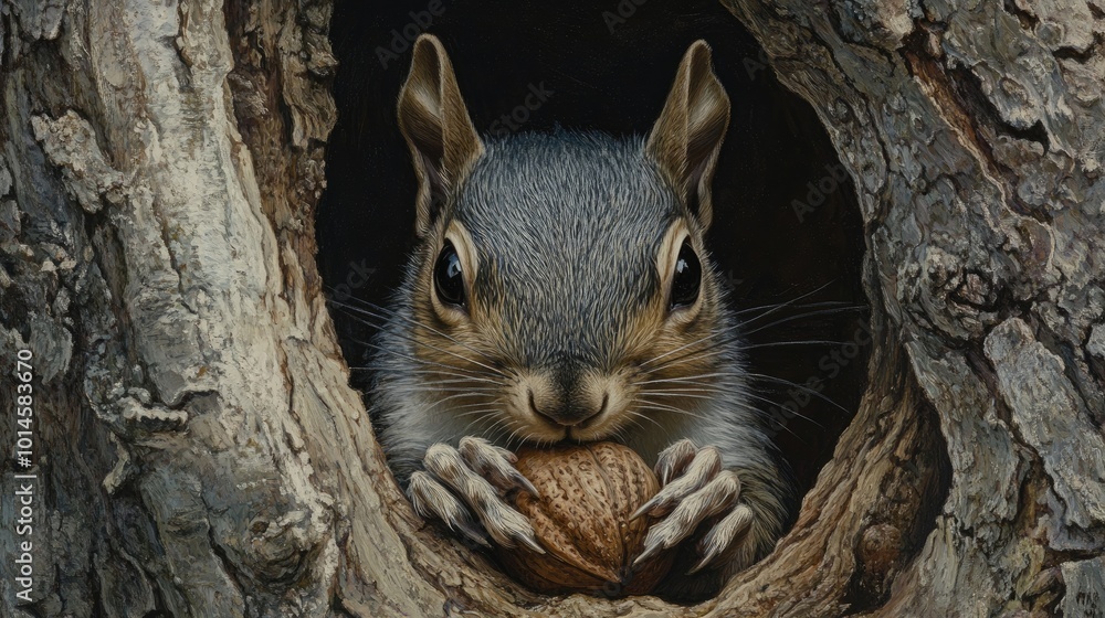 Fototapeta premium A close-up of a squirrel hiding a nut in a tree cavity, with its determined expression and tiny claws gripping the bark