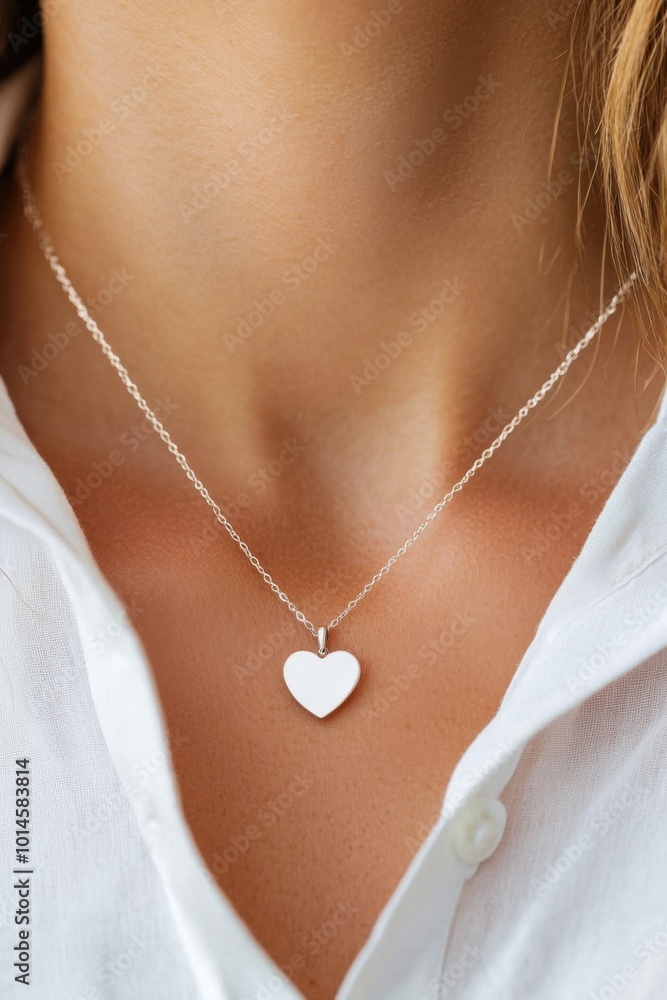 Silver heart necklace worn on a woman's neck, elegant and simple design. Silver heart necklace worn on a woman's neck, elegant and simple design.