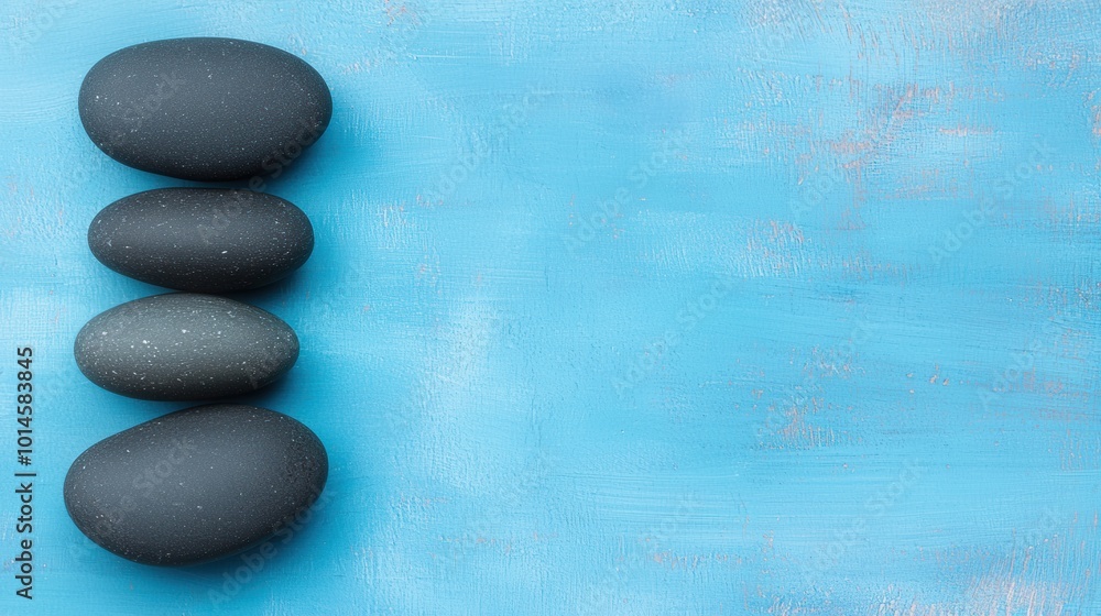Smooth black stones arranged on a blue background, perfect for relaxation and balance. Smooth black stones arranged on a blue background, perfect for relaxation and balance.