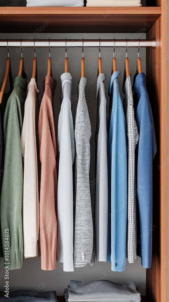 Stylish wardrobe with neatly arranged colorful shirts on hangers. Stylish wardrobe with neatly arranged colorful shirts on hangers.