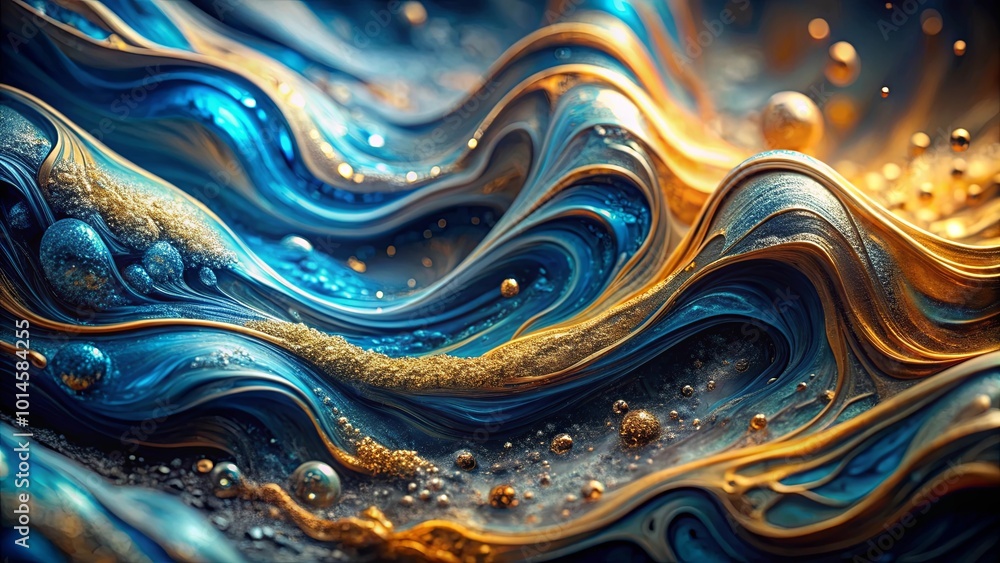 Fototapeta premium A mesmerizing abstract composition of shimmering blue and gold fluid swirls, resembling a cosmic landscape with glittering celestial orbs.
