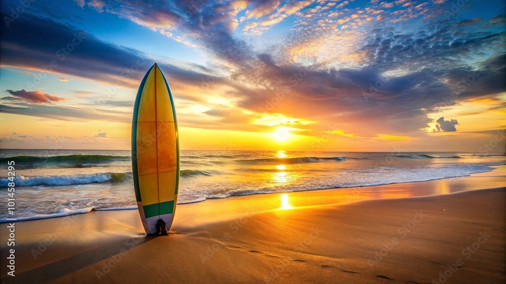 custom made wallpaper toronto digitalA lone surfboard stands on the sandy shore, bathed in the warm glow of a breathtaking sunset as the waves gently lap against the sand.