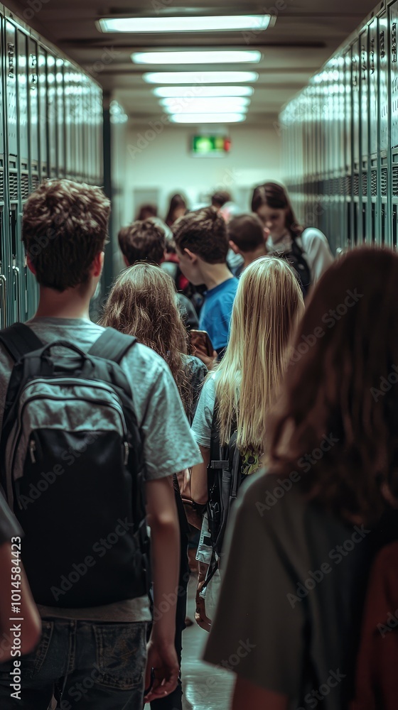 Obraz premium A busy school hallway filled with students interacting and walking past lockers, capturing a lively educational environment.
