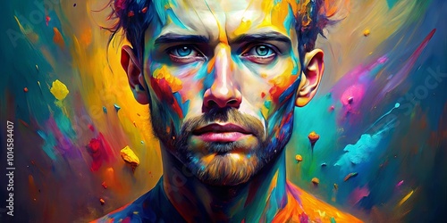 Fototapeta Naklejka Na Ścianę i Meble -  A close-up portrait of a man's face painted in a vibrant palette of colors, capturing a moment of introspection and artistic expression.