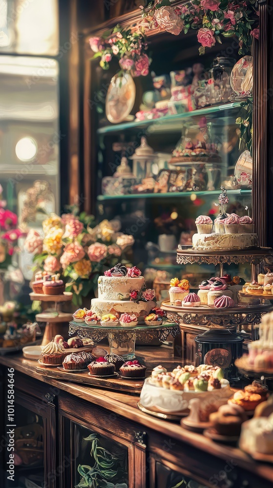 A charming display of exquisite pastries and cakes in a vintage bakery, decorated with beautiful flowers and intricate designs. A charming display of exquisite pastries and cakes in a vintage bakery, decorated with beautiful flowers and intricate designs.
