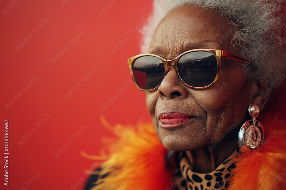 Woman wearing red glasses and a red coat. She is smiling. closeup portrait of an extremely hip black older woman, sunglasses, feather boa, cheeta patterned hair, on a red background Woman wearing red glasses and a red coat. She is smiling. closeup portrait of an extremely hip black older woman, sunglasses, feather boa, cheeta patterned hair, on a red background