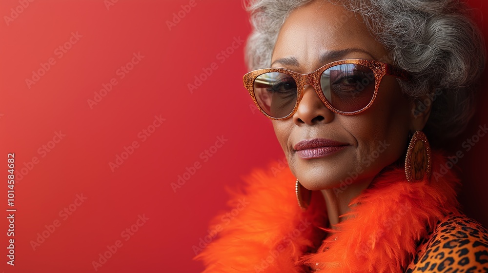 Woman wearing red glasses and a red coat. She is smiling. closeup portrait of an extremely hip black older woman, sunglasses, feather boa, cheeta patterned hair, on a red background Woman wearing red glasses and a red coat. She is smiling. closeup portrait of an extremely hip black older woman, sunglasses, feather boa, cheeta patterned hair, on a red background