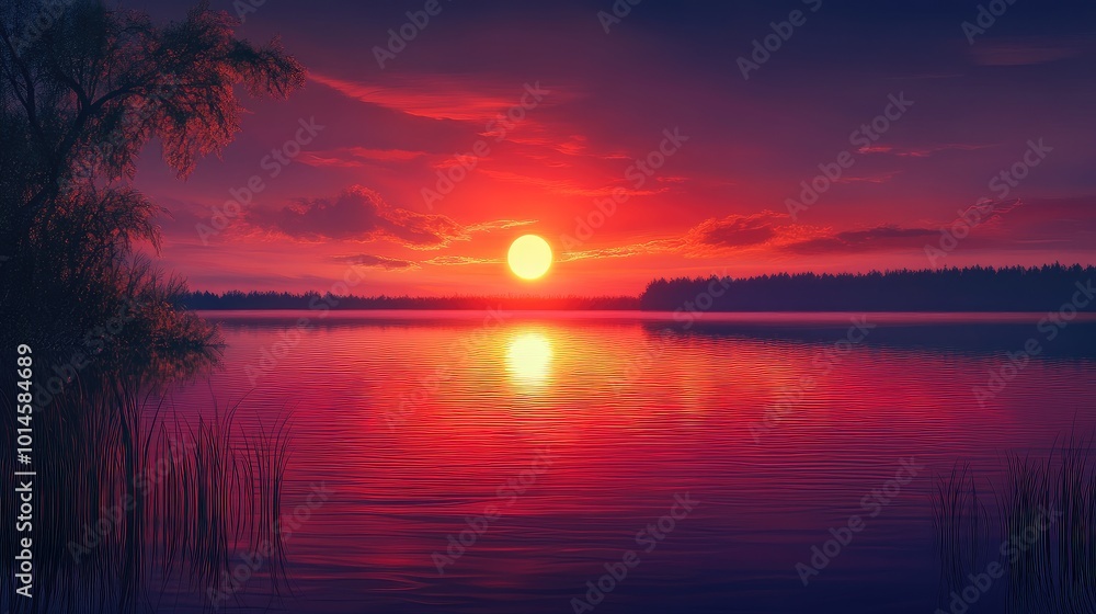 A red sunset reflecting over a calm lake, casting warm hues across the water. A red sunset reflecting over a calm lake, casting warm hues across the water.