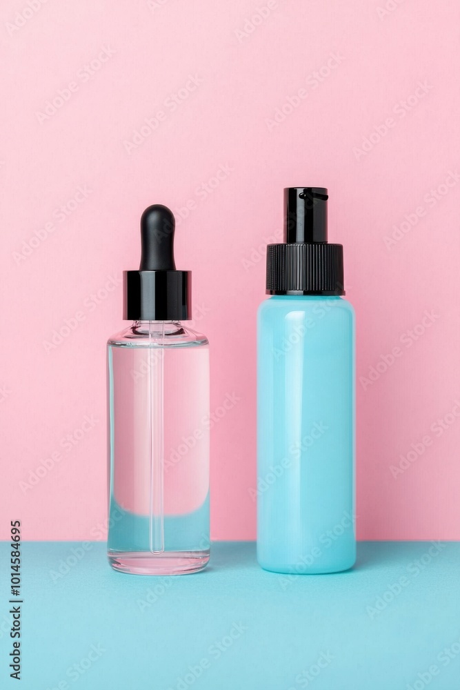Two cosmetic bottles on pastel background perfect for beauty product display. Two cosmetic bottles on pastel background perfect for beauty product display.