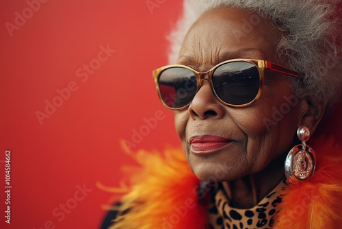 Woman wearing red glasses and a red coat. She is smiling. closeup portrait of an extremely hip black older woman, sunglasses, feather boa, cheeta patterned hair, on a red background