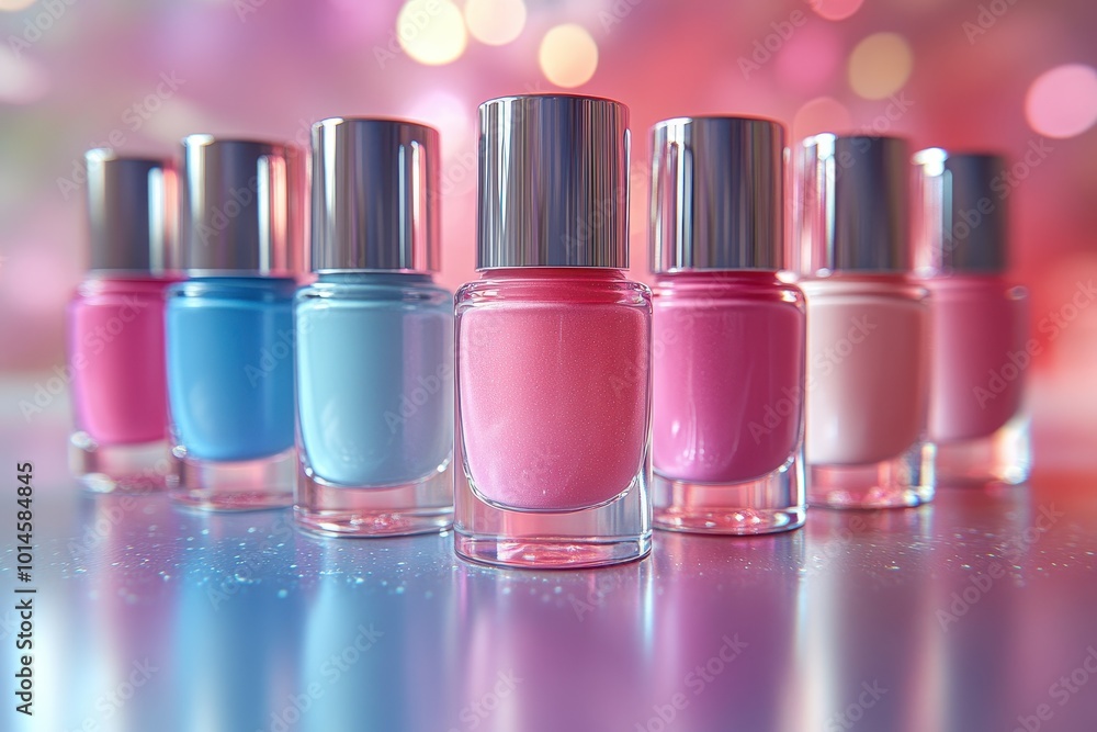 Row of Six Nail Polish Bottles in Pink, Blue, White, and More – Bright Gradient Background, Soft Lighting, High-Resolution Macro Photography
Row of Six Nail Polish Bottles in Pink, Blue, White, and More – Bright Gradient Background, Soft Lighting, High-Resolution Macro Photography