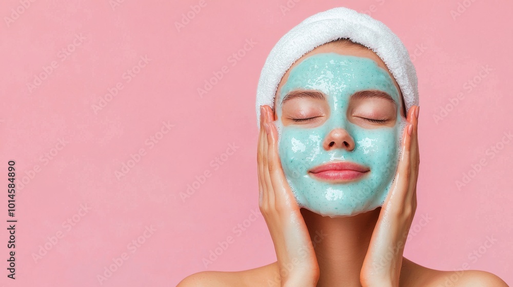 Woman enjoying a soothing facial mask with a peaceful expression. Woman enjoying a soothing facial mask with a peaceful expression.