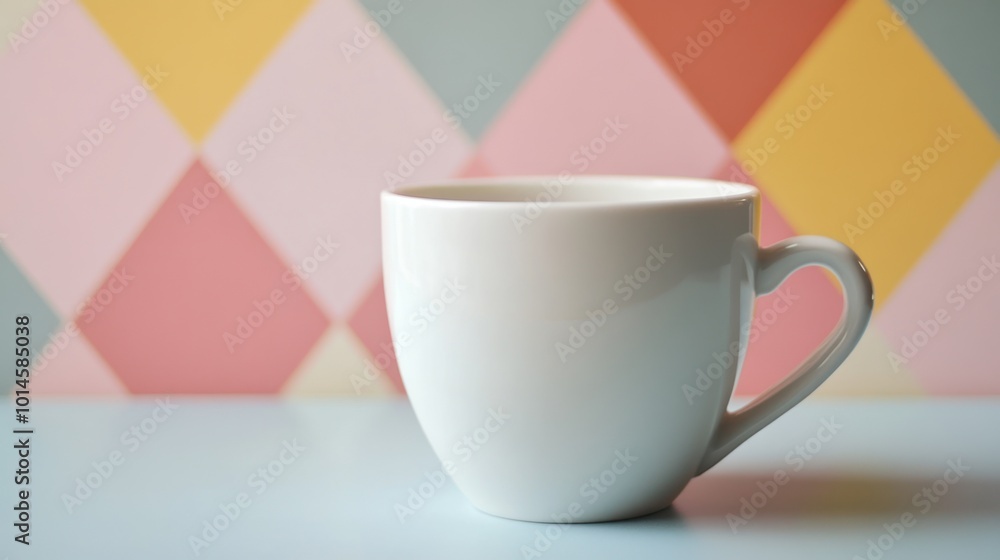 White Coffee Mug on a Colorful Geometric Background White Coffee Mug on a Colorful Geometric Background